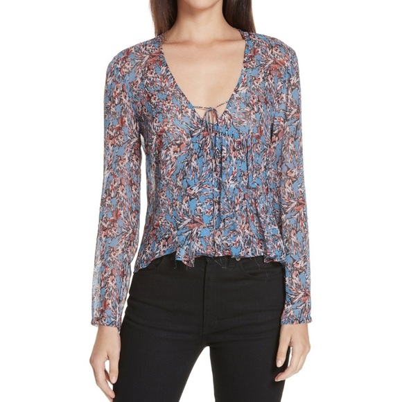 IRO GOSH V-NECK LONG-SLEEVE PEPLUM TOP IN BLUE 36 - Picture 1 of 9
